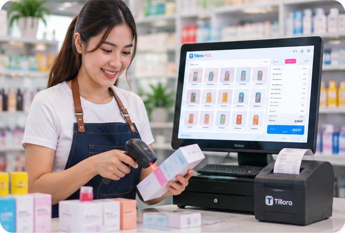 Small business cashier using Tillora POS with barcode scanner and receipt printer